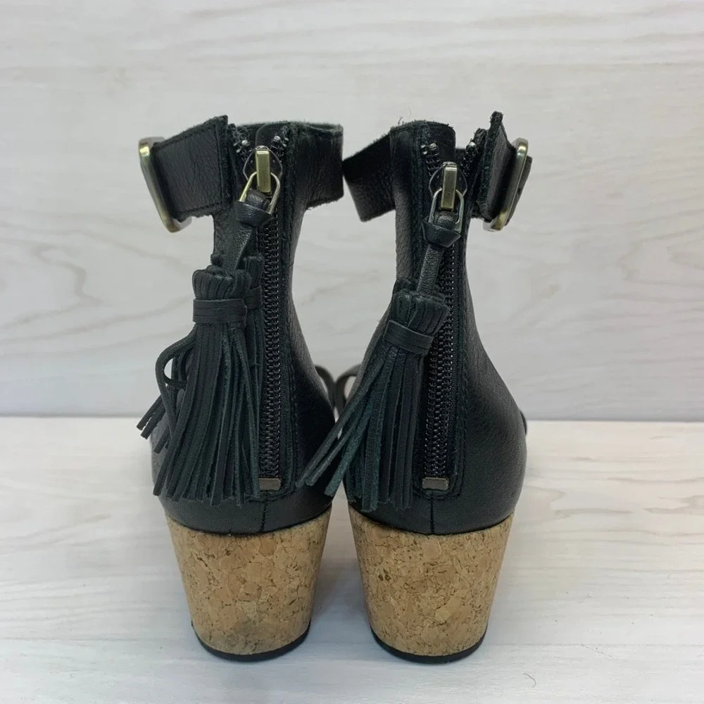 UGG Womens 7.5 Trina Wedge Sandals Tassel Black Leather Cork Summer Boho 1019973